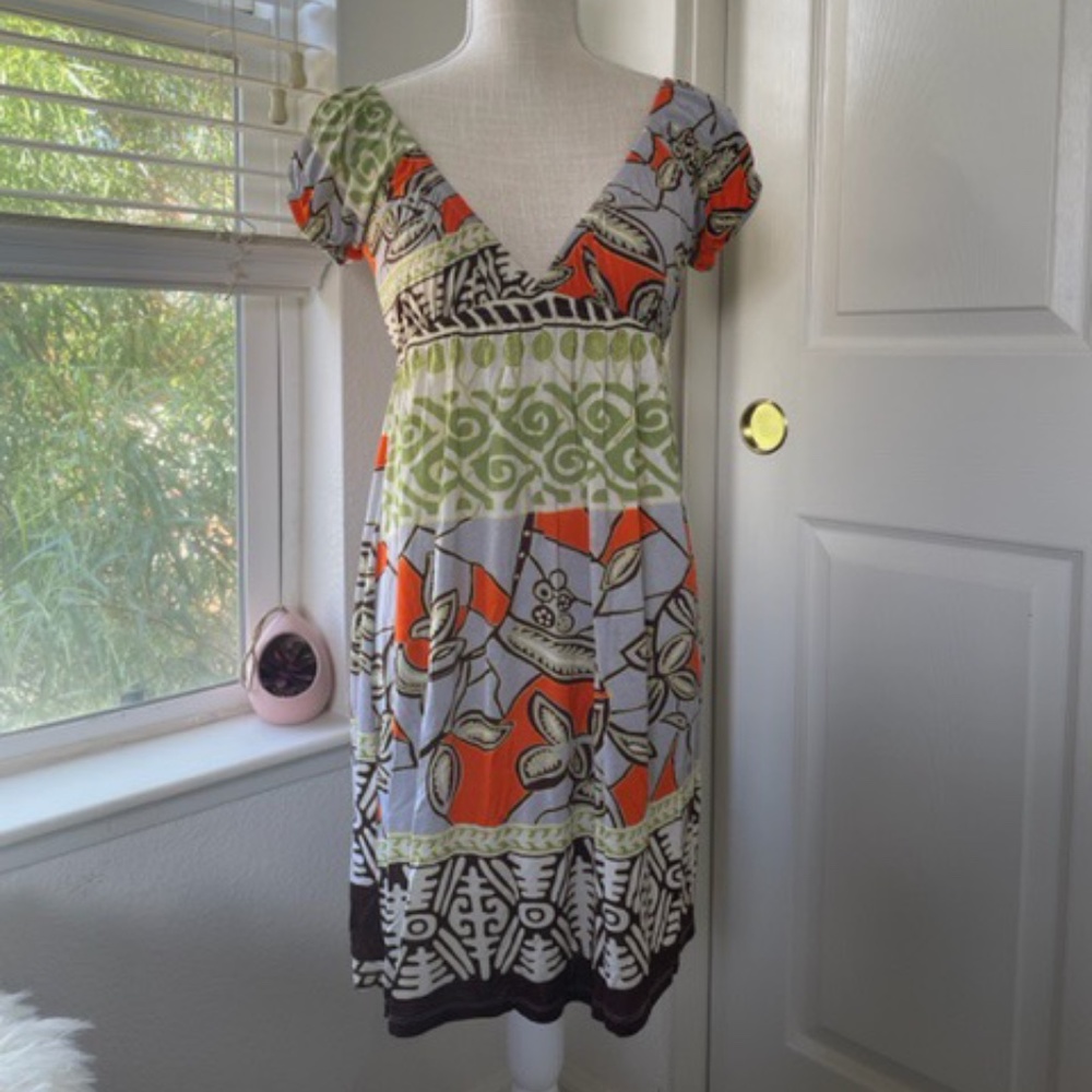 GoJane | Multicolor Pattern Empire Waist Midi Dress | Cape Sleeve V-Neck, Size S